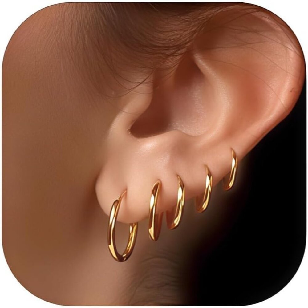 5 Pairs 14K Gold Plated Huggie Hoop Earrings for Women - Lightweight Minimalist